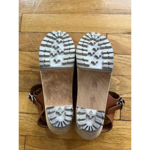 MIA Abba Summer Wooden Clog Sandals Sweden Size 38 Luggage Brown Leather - Picture 15 of 15